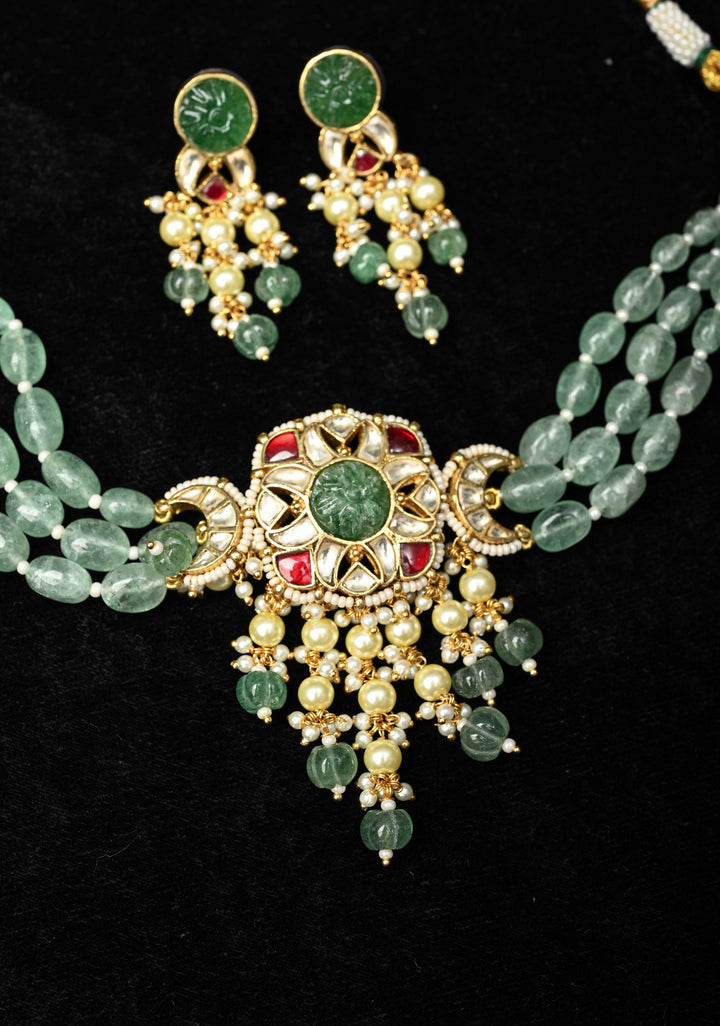 Ahmedabadi kundan multistrand necklace set with Floral Pendant and sage green dangling beads