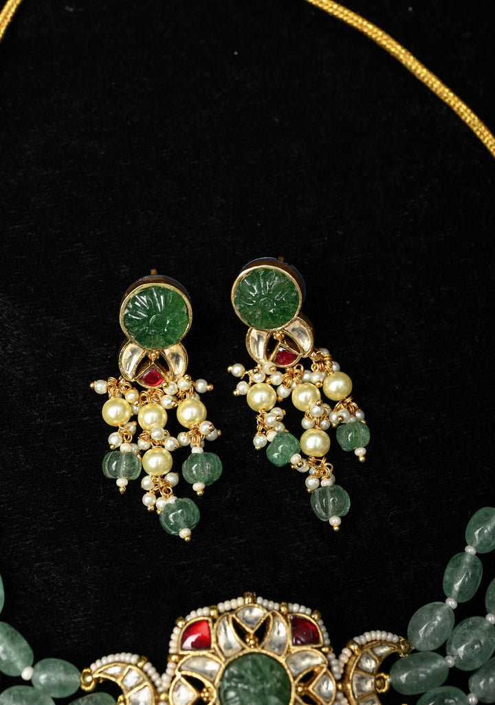 Ahmedabadi kundan multistrand necklace set with Floral Pendant and sage green dangling beads