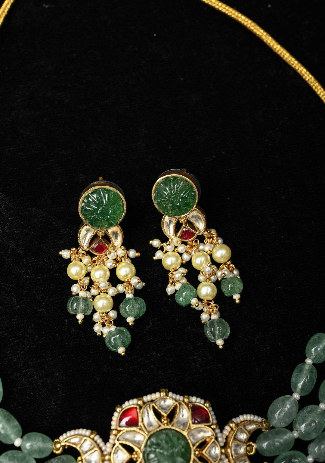 Ahmedabadi kundan multistrand necklace set with Floral Pendant and sage green dangling beads