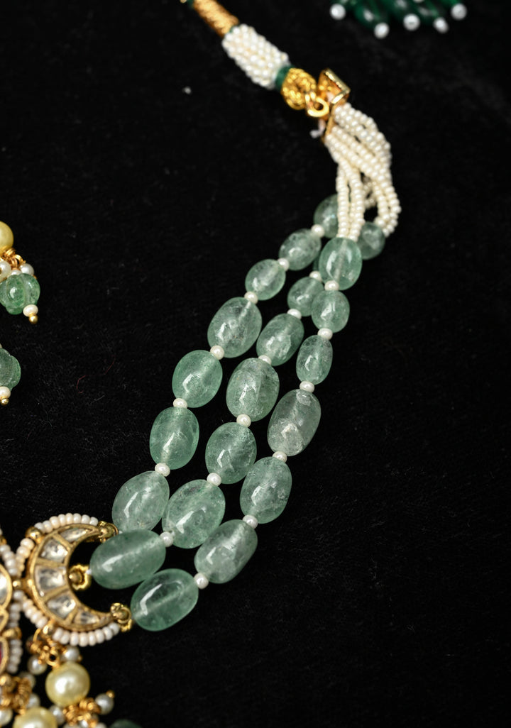 Ahmedabadi kundan multistrand necklace set with Floral Pendant and sage green dangling beads