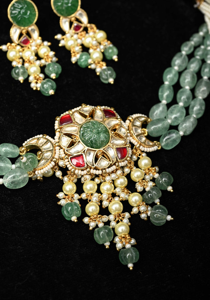 Ahmedabadi kundan multistrand necklace set with Floral Pendant and sage green dangling beads
