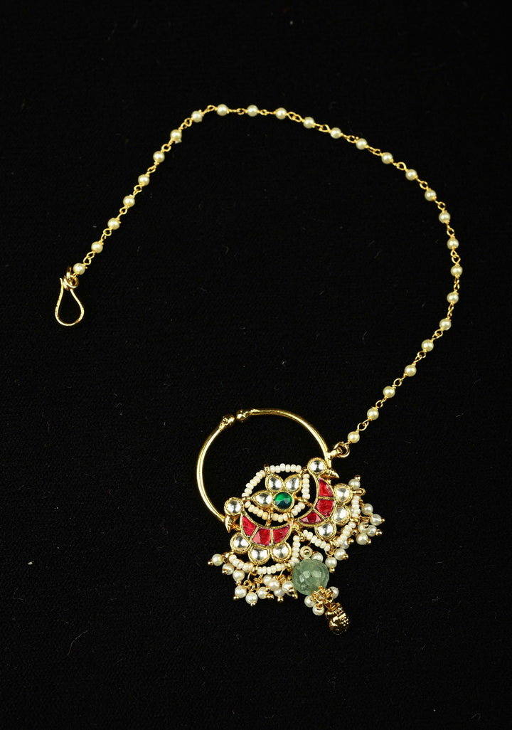 Non Piercing Nath with Jadau Kundan Stones and Chain and Danling Beads | SHOBITAM