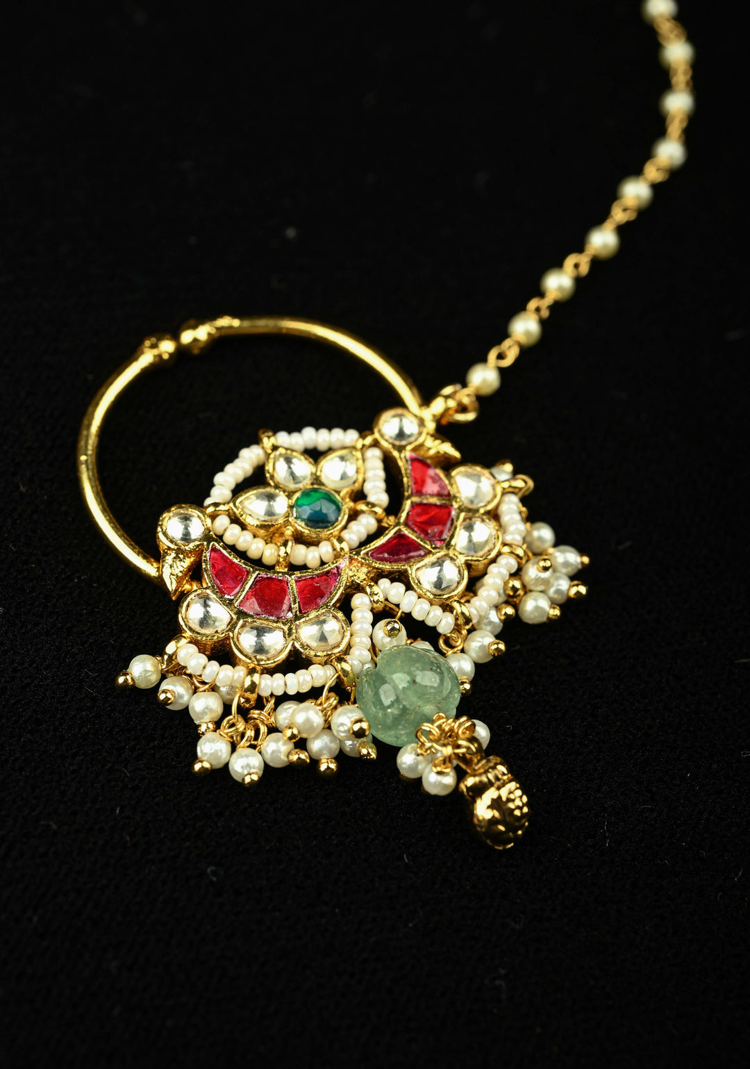 Non Piercing Nath with Jadau Kundan Stones and Chain and Danling Beads | SHOBITAM