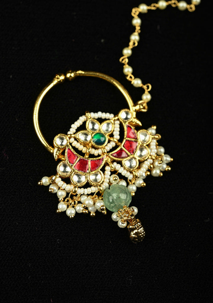 Non Piercing Nath with Jadau Kundan Stones and Chain and Danling Beads | SHOBITAM
