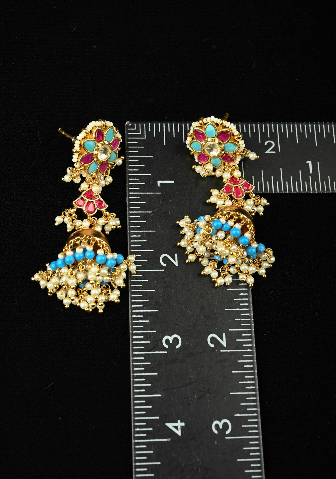 2.1" Magenta and Teal-Color Kundan and Beaded Jhumka Earrings | SHOBITAM