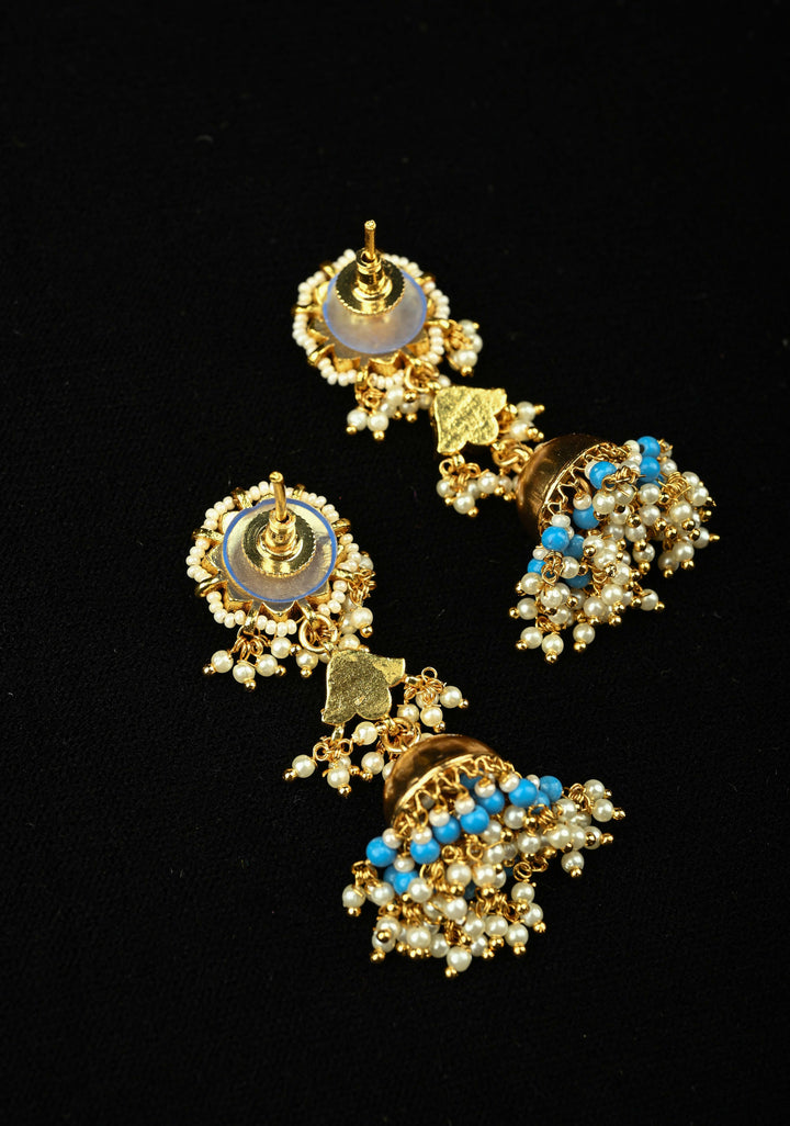 2.1" Magenta and Teal-Color Kundan and Beaded Jhumka Earrings | SHOBITAM