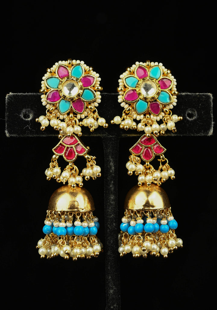2.1" Magenta and Teal-Color Kundan and Beaded Jhumka Earrings | SHOBITAM