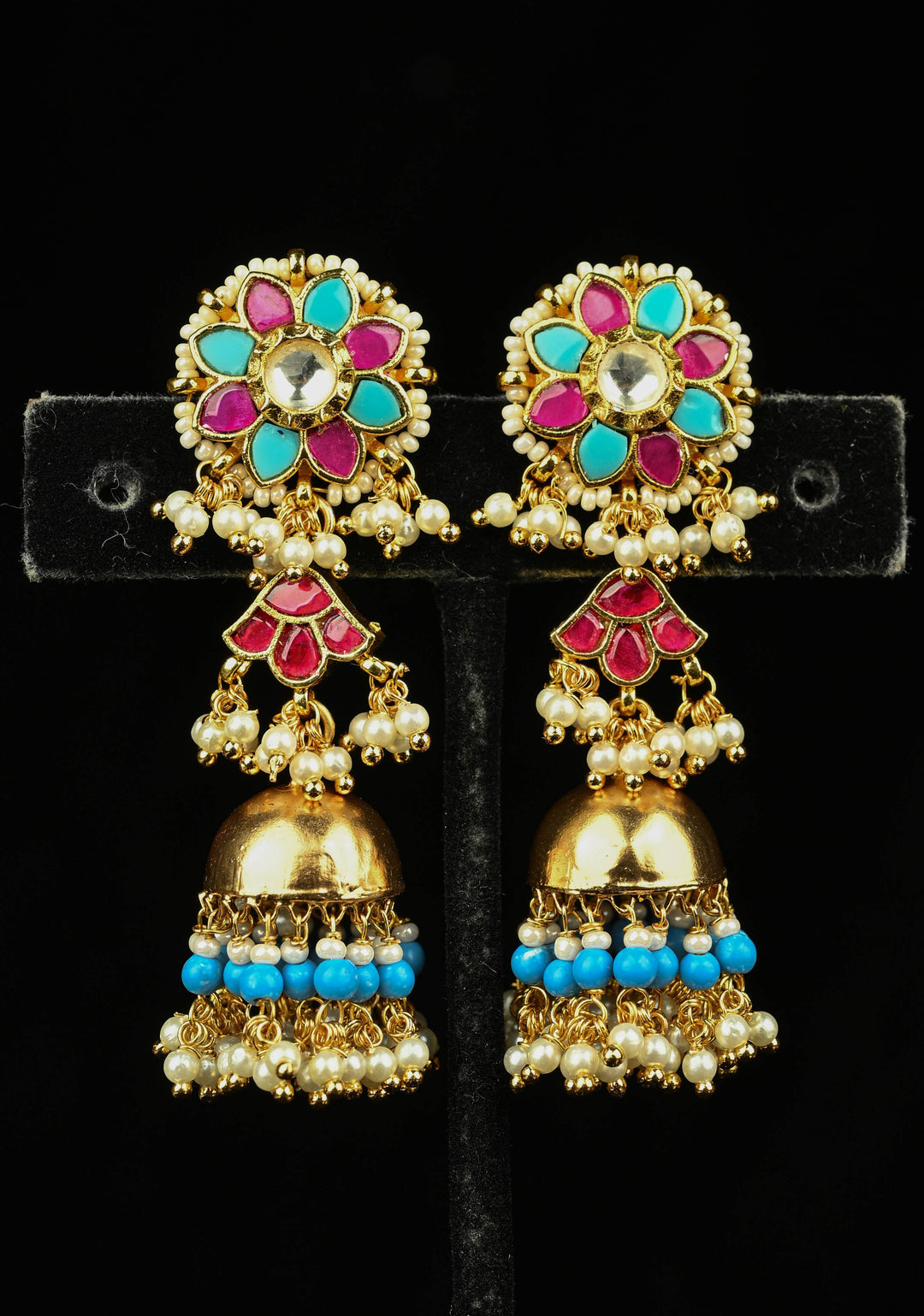 2.1" Magenta and Teal-Color Kundan and Beaded Jhumka Earrings | SHOBITAM