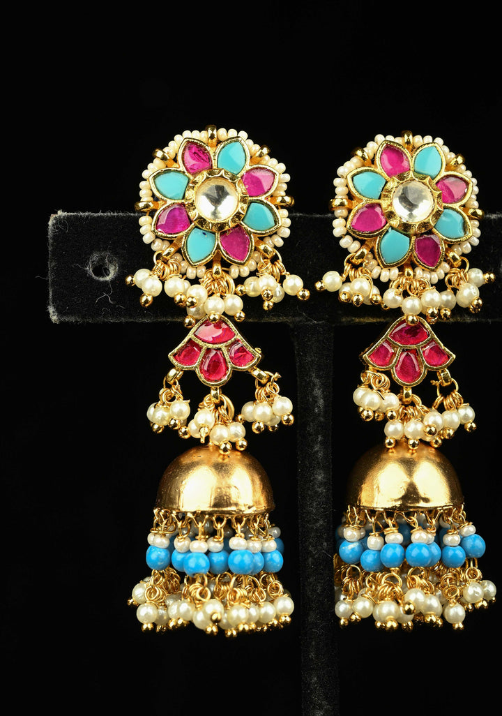 2.1" Magenta and Teal-Color Kundan and Beaded Jhumka Earrings | SHOBITAM