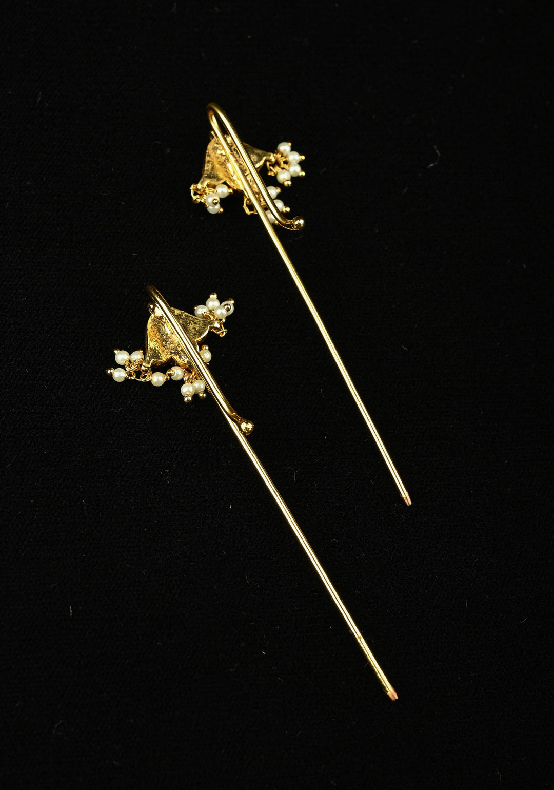 Floral Design Jadau Ear Cuff with Red, Green, and White Stone Accents and Pearls Drops | SHOBITAM