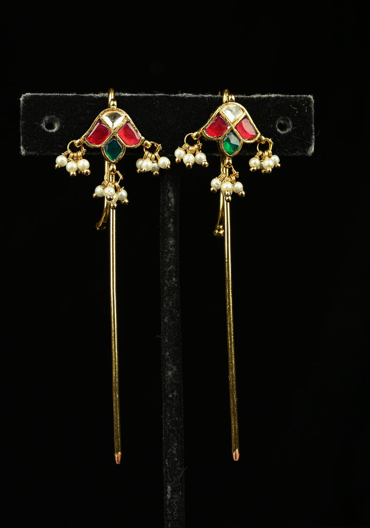 Floral Design Jadau Ear Cuff with Red, Green, and White Stone Accents and Pearls Drops | SHOBITAM