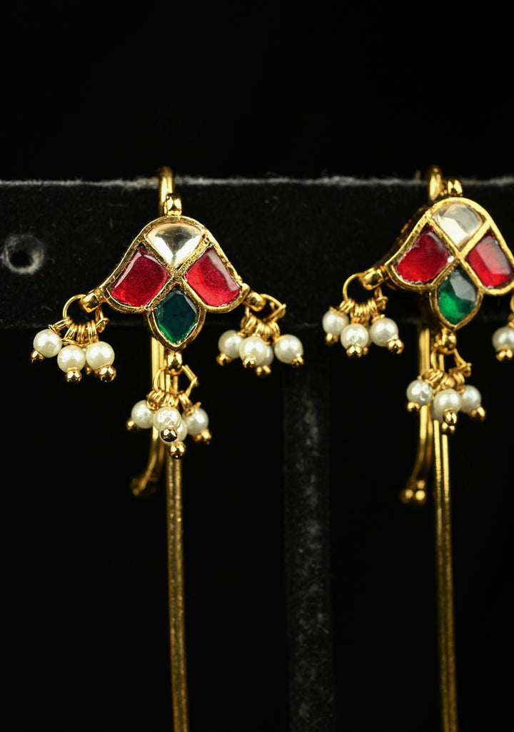Floral Design Jadau Ear Cuff with Red, Green, and White Stone Accents and Pearls Drops | SHOBITAM