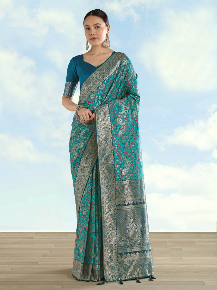 Turquoise Banarasi Semi Silk Saree With Traditional Paisley Weaves | SHOBITAM