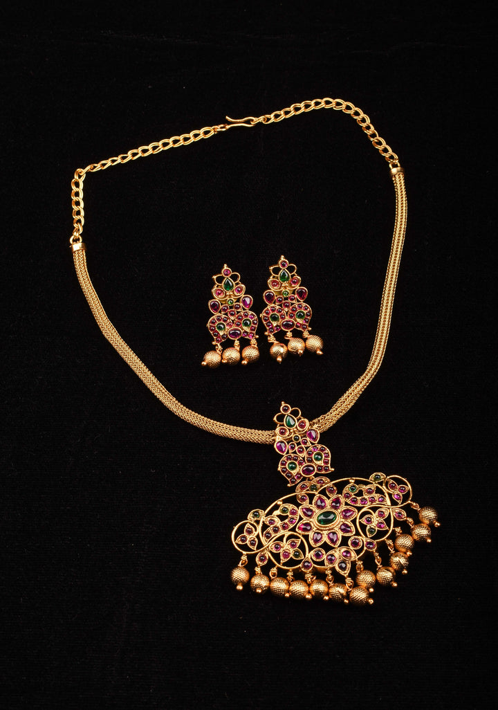 Peacock and flower Kemp Pendent and Earrings Lightweight Set with Chain | Shobitam Jewelry