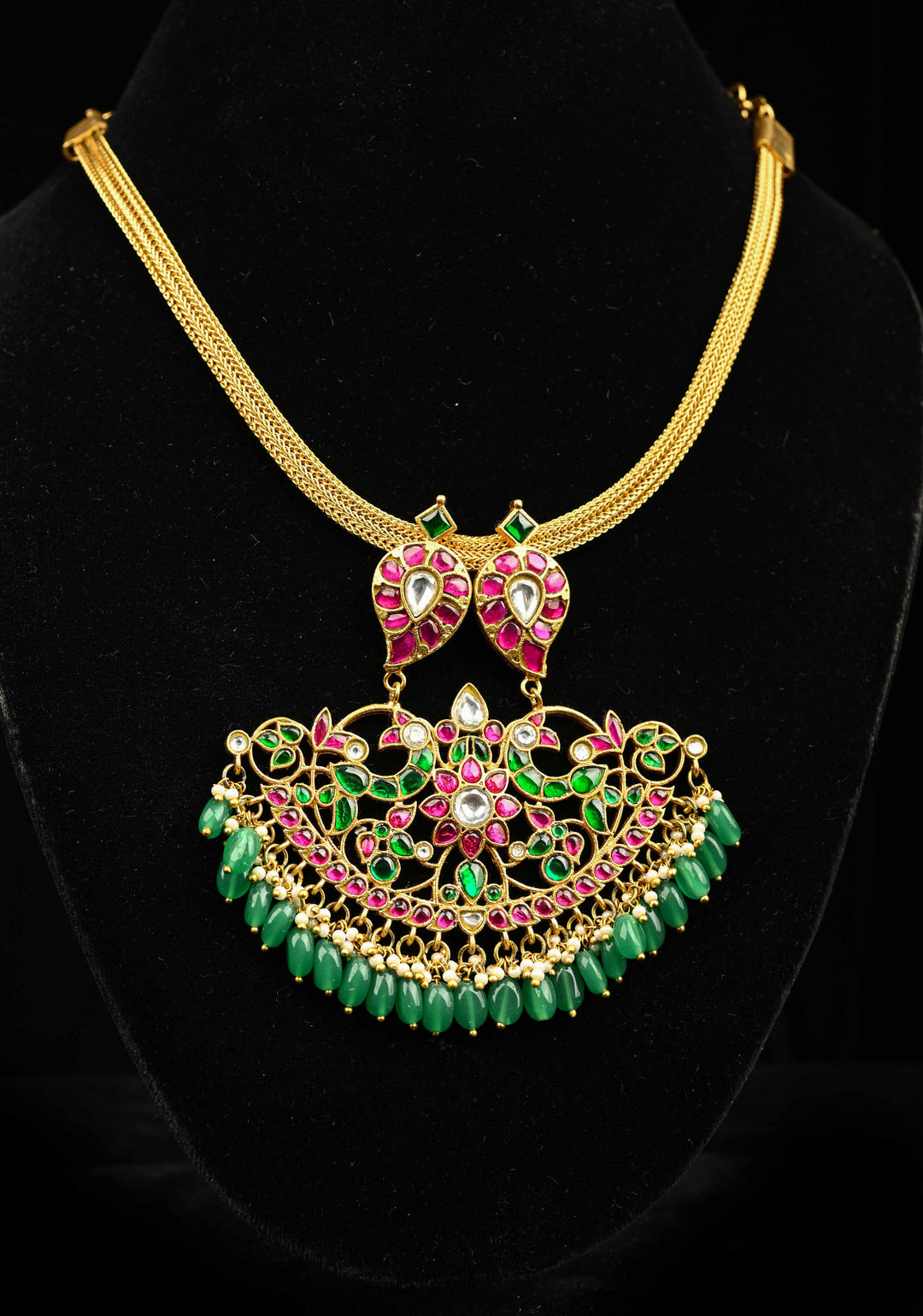 Peacock Minimalistic Ethnic Jadau Pendant on Gold Tone braided chain with Dangling Beads