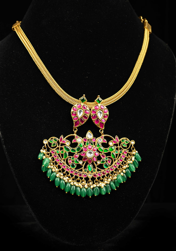 Peacock Minimalistic Ethnic Jadau Pendant on Gold Tone braided chain with Dangling Beads