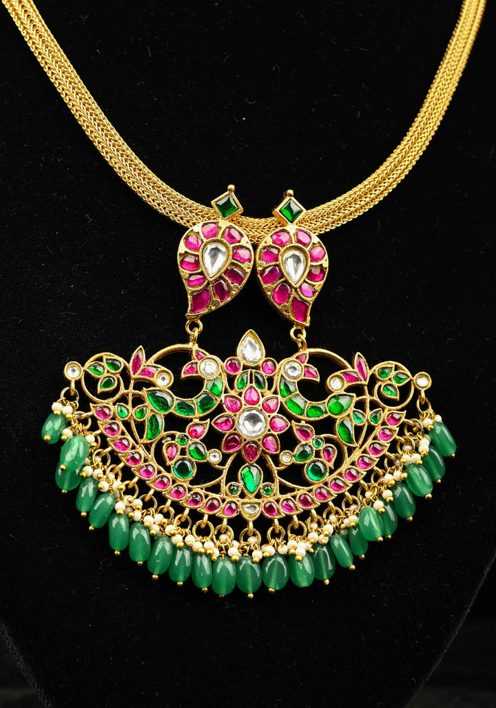 Peacock Minimalistic Ethnic Jadau Pendant on Gold Tone braided chain with Dangling Beads