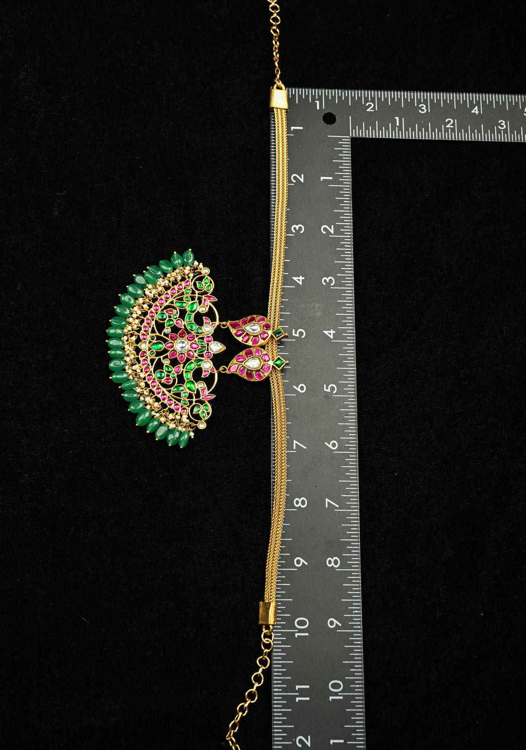 Peacock Minimalistic Ethnic Jadau Pendant on Gold Tone braided chain with Dangling Beads