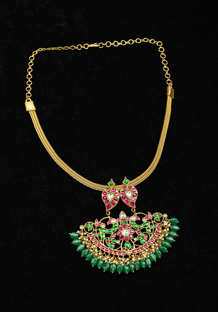 Peacock Minimalistic Ethnic Jadau Pendant on Gold Tone braided chain with Dangling Beads