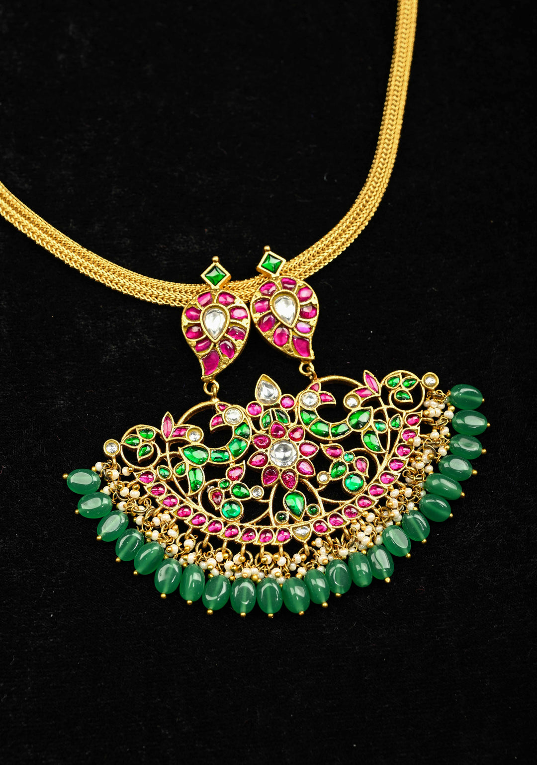 Peacock Minimalistic Ethnic Jadau Pendant on Gold Tone braided chain with Dangling Beads