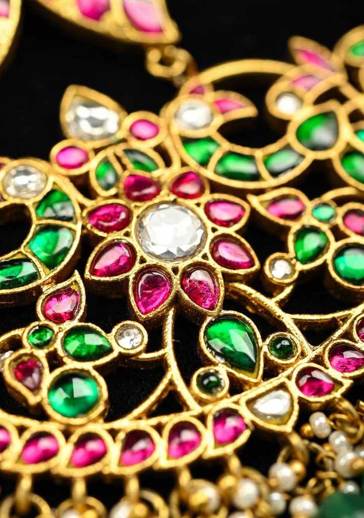 Peacock Minimalistic Ethnic Jadau Pendant on Gold Tone braided chain with Dangling Beads