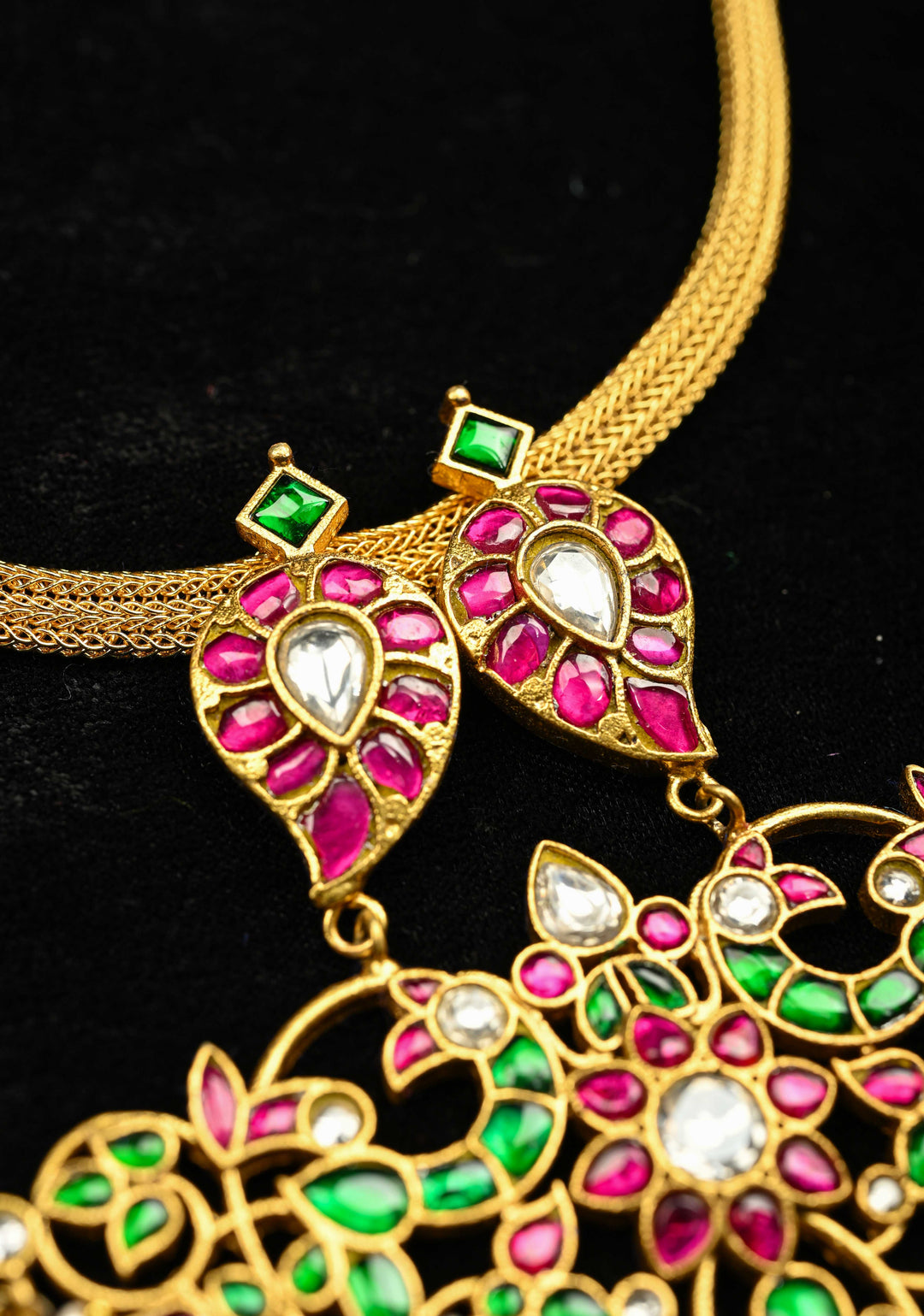 Peacock Minimalistic Ethnic Jadau Pendant on Gold Tone braided chain with Dangling Beads