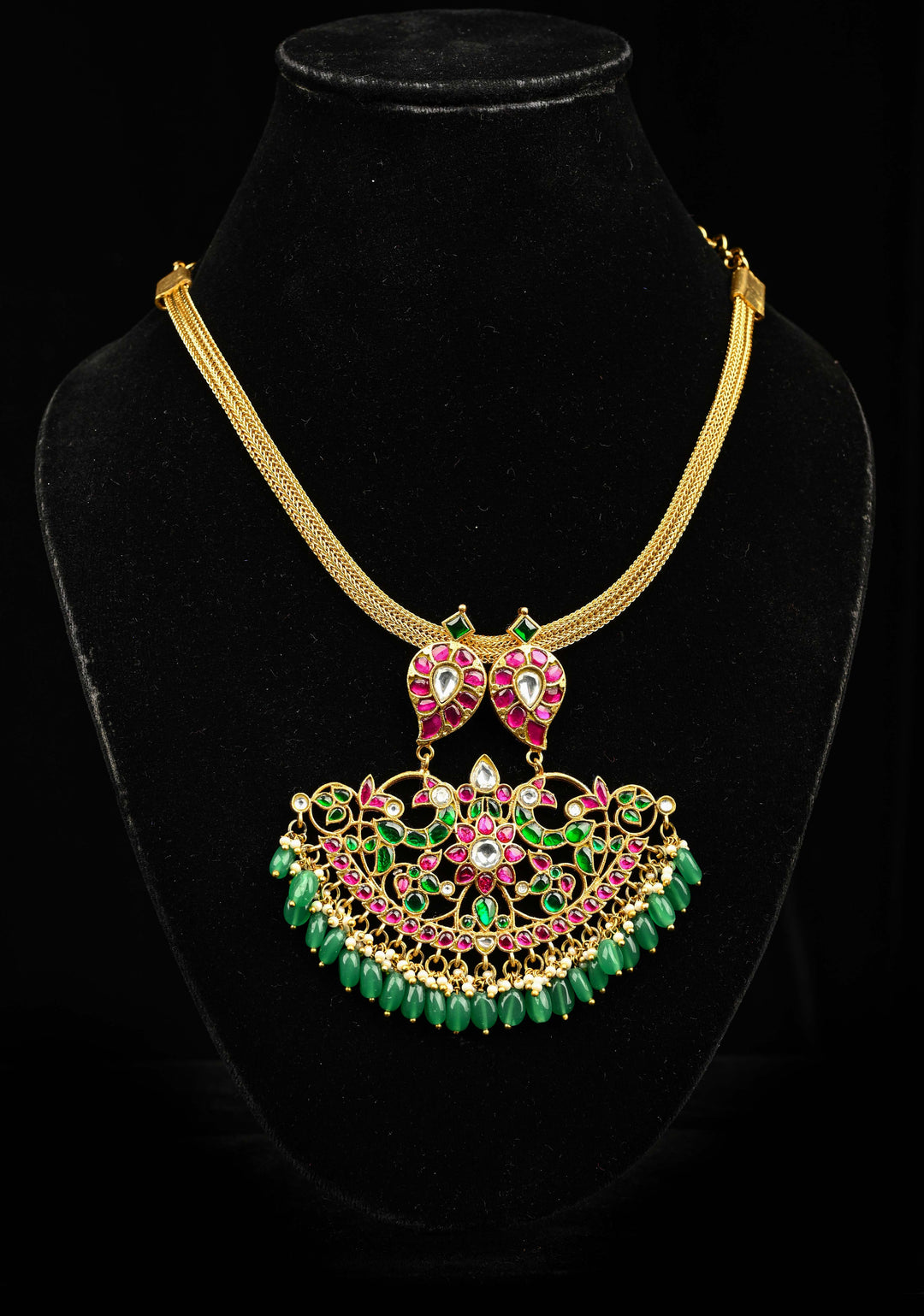 Peacock Minimalistic Ethnic Jadau Pendant on Gold Tone braided chain with Dangling Beads