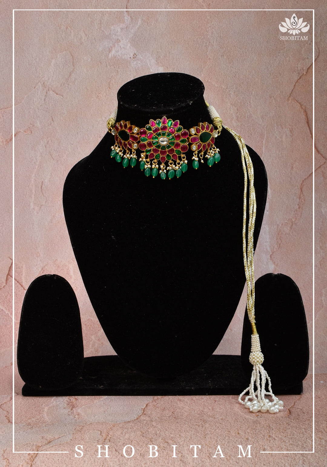 Elegant Floral Choker with Pink, Green, and White Stones & Dangling Green Beads