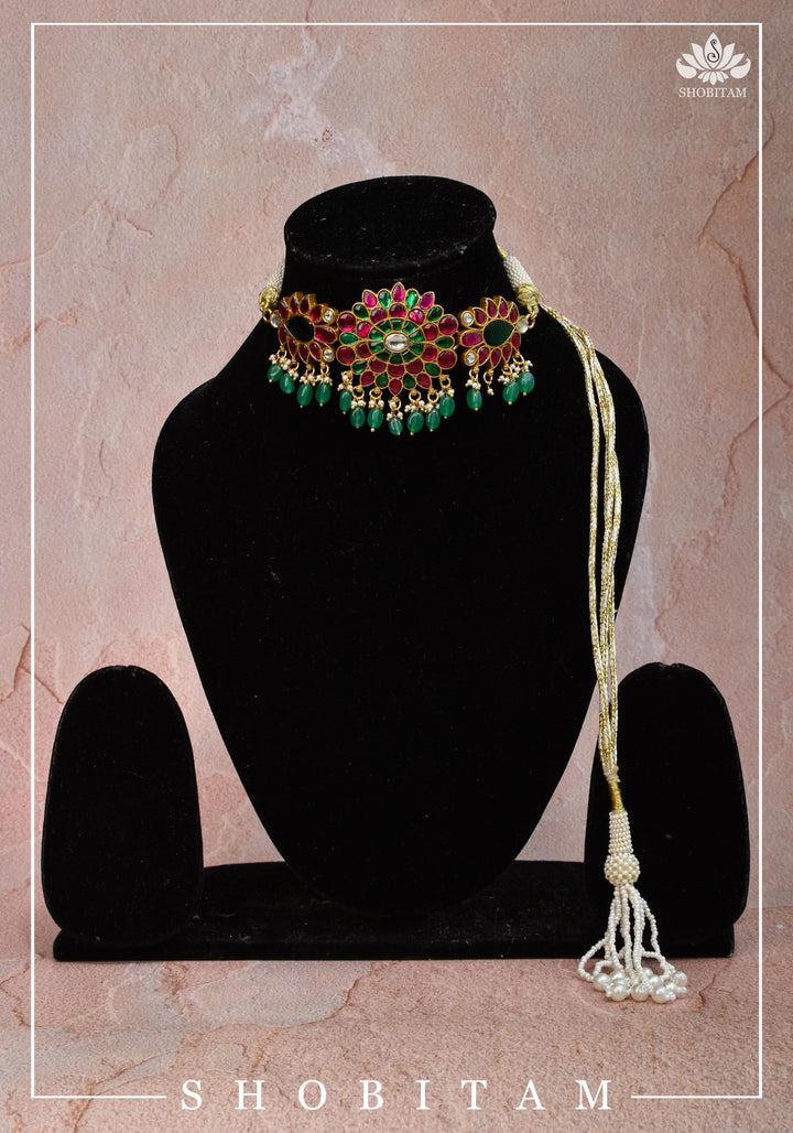 Elegant Floral Choker with Pink, Green, and White Stones & Dangling Green Beads