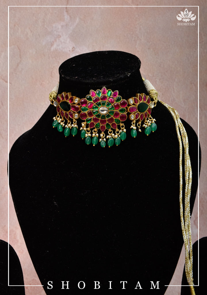 Elegant Floral Choker with Pink, Green, and White Stones & Dangling Green Beads