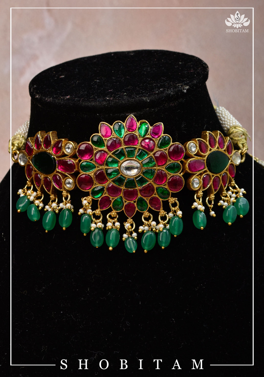 Elegant Floral Choker with Pink, Green, and White Stones & Dangling Green Beads