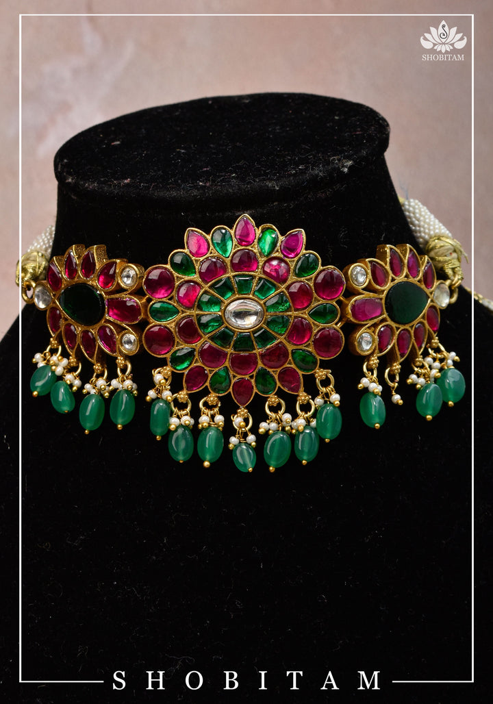 Elegant Floral Choker with Pink, Green, and White Stones & Dangling Green Beads