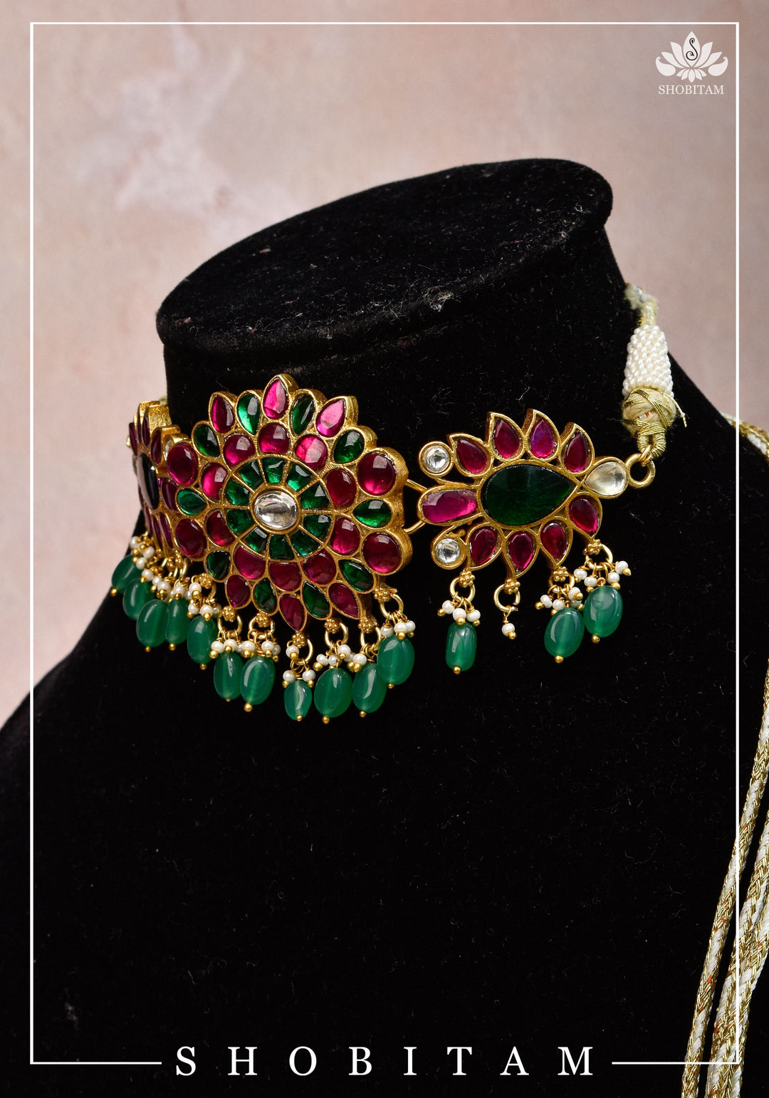 Elegant Floral Choker with Pink, Green, and White Stones & Dangling Green Beads