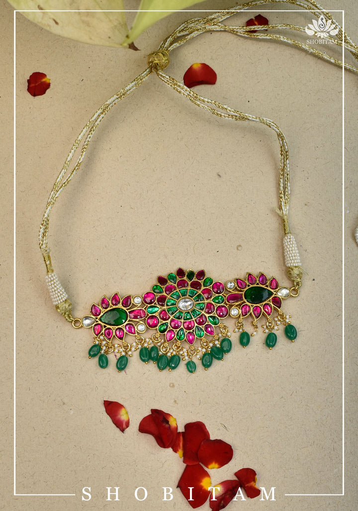 Elegant Floral Choker with Pink, Green, and White Stones & Dangling Green Beads
