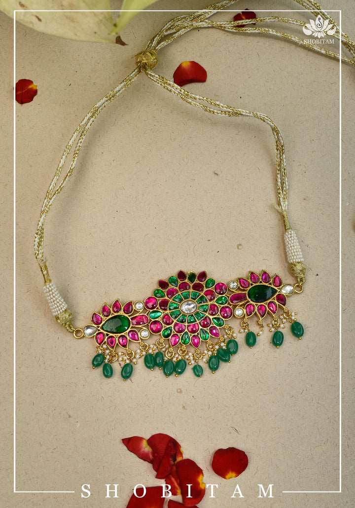 Elegant Floral Choker with Pink, Green, and White Stones & Dangling Green Beads
