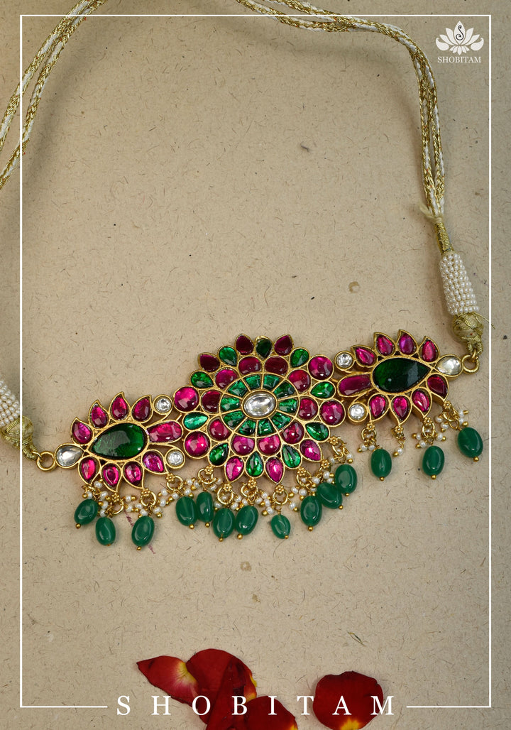 Elegant Floral Choker with Pink, Green, and White Stones & Dangling Green Beads