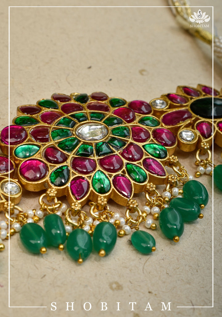 Elegant Floral Choker with Pink, Green, and White Stones & Dangling Green Beads