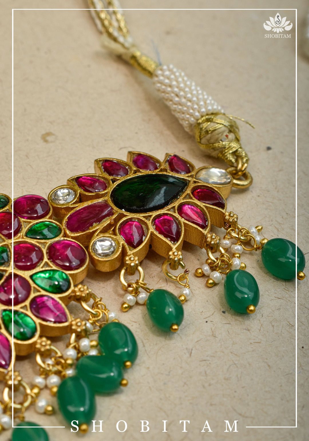 Elegant Floral Choker with Pink, Green, and White Stones & Dangling Green Beads