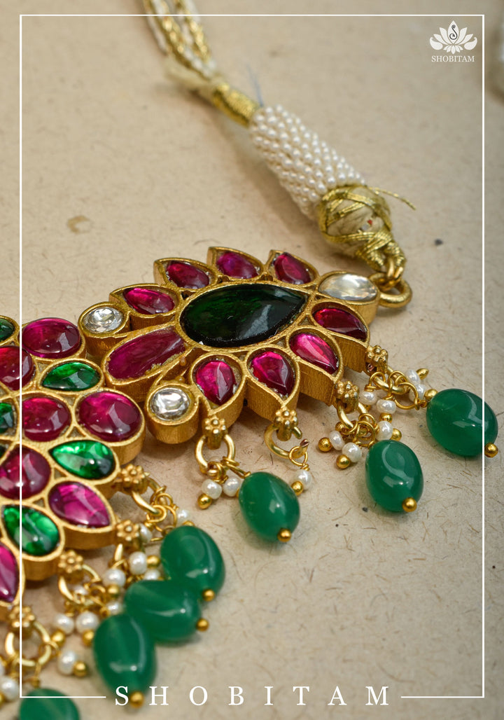 Elegant Floral Choker with Pink, Green, and White Stones & Dangling Green Beads