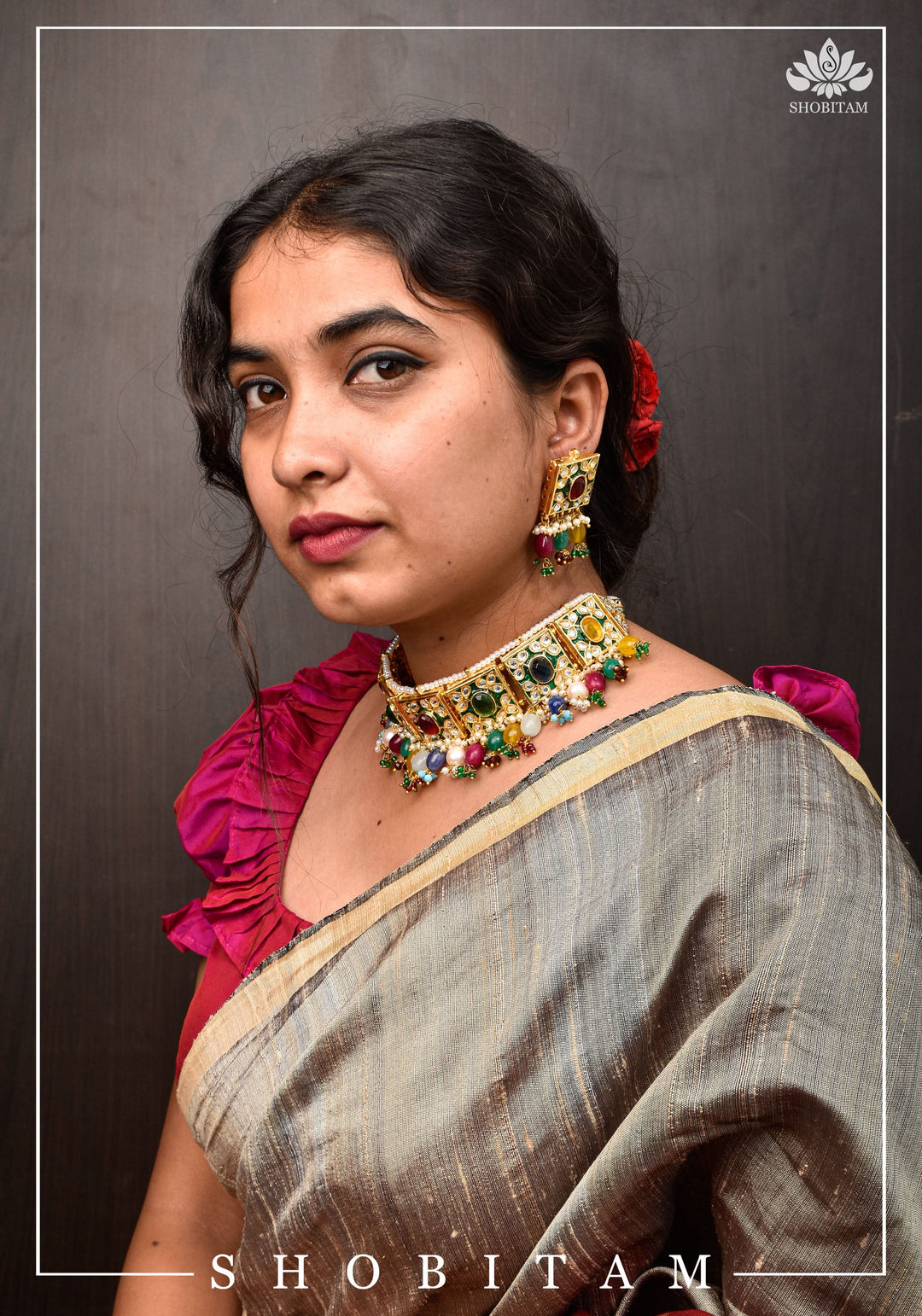 Statement Fusion necklace Set with Multicolor stones and encrusted stones | Shobitam Jewelry