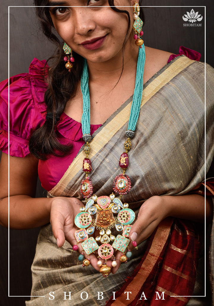 Teal and Pink Long Necklace Set with Brass Ganesha and enamel work | Shobitam Jewelry