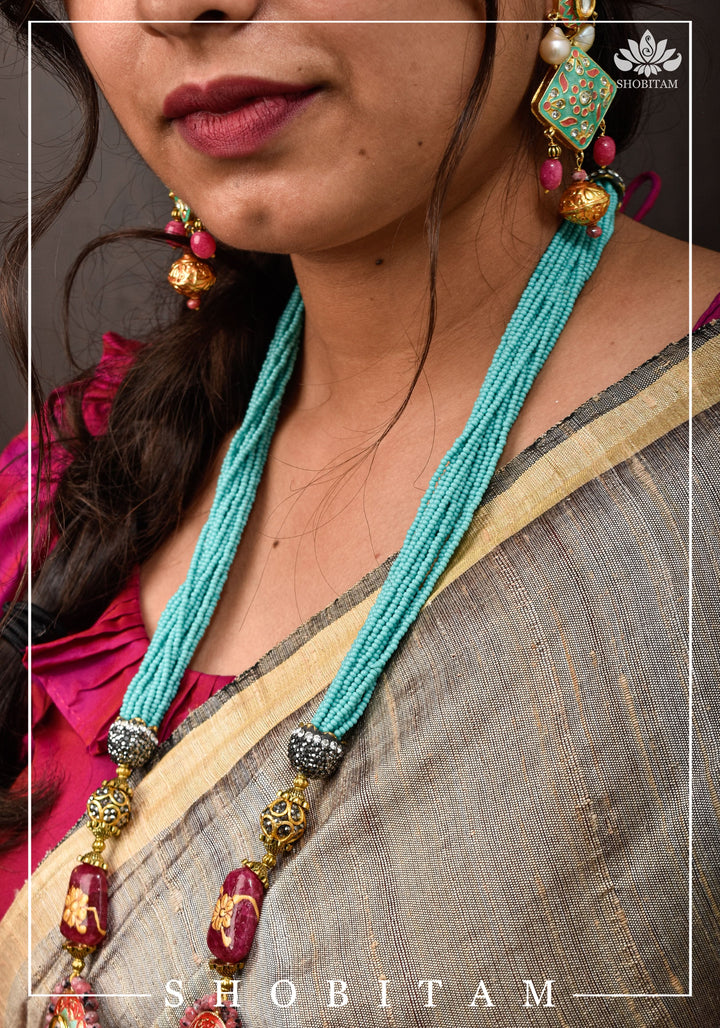 Teal and Pink Long Necklace Set with Brass Ganesha and enamel work | Shobitam Jewelry