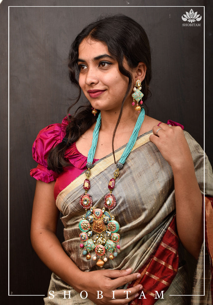 Teal and Pink Long Necklace Set with Brass Ganesha and enamel work | Shobitam Jewelry