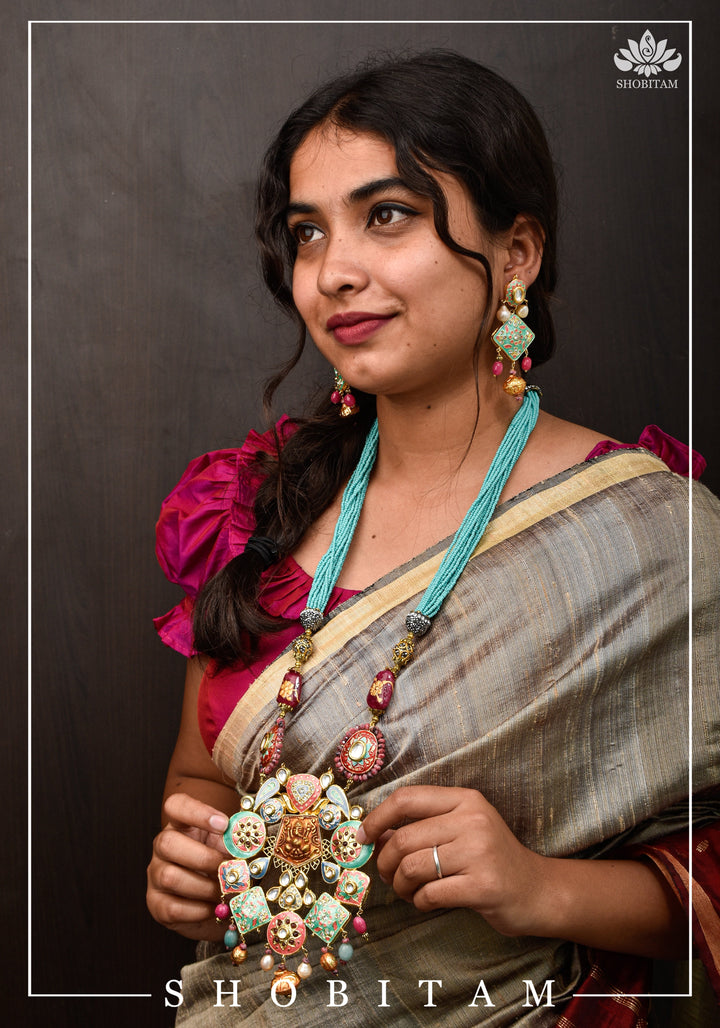 Teal and Pink Long Necklace Set with Brass Ganesha and enamel work | Shobitam Jewelry