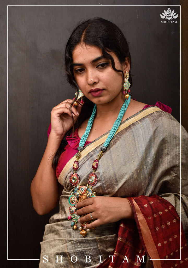 Teal and Pink Long Necklace Set with Brass Ganesha and enamel work | Shobitam Jewelry
