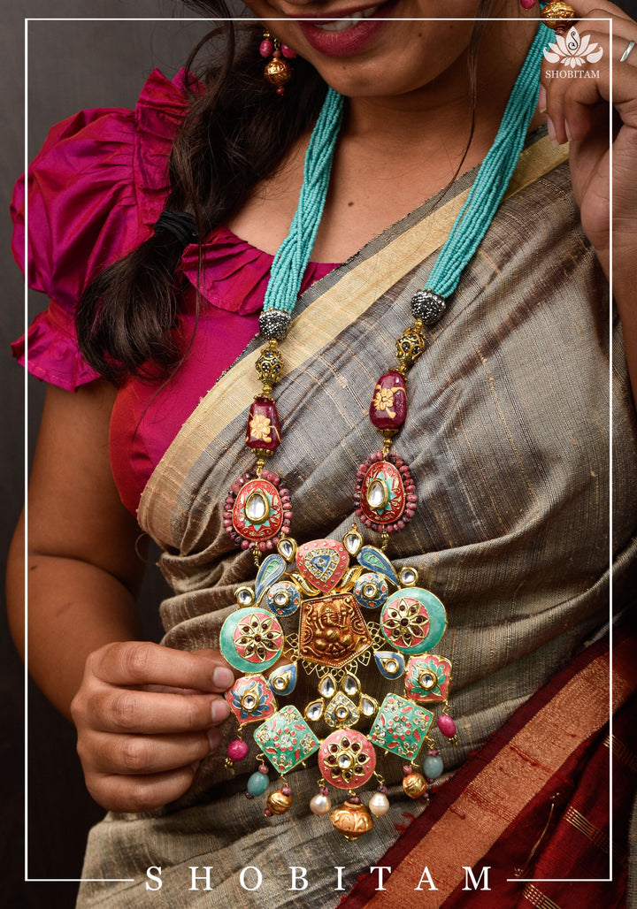 Teal and Pink Long Necklace Set with Brass Ganesha and enamel work | Shobitam Jewelry