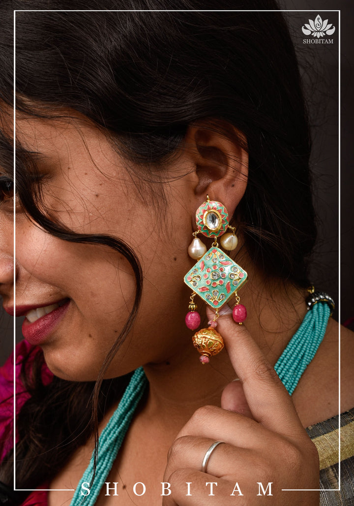 Teal and Pink Long Necklace Set with Brass Ganesha and enamel work | Shobitam Jewelry