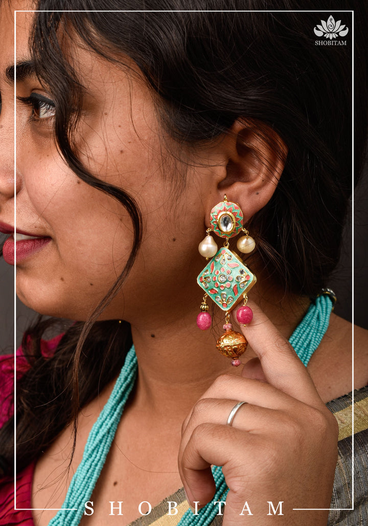 Teal and Pink Long Necklace Set with Brass Ganesha and enamel work | Shobitam Jewelry