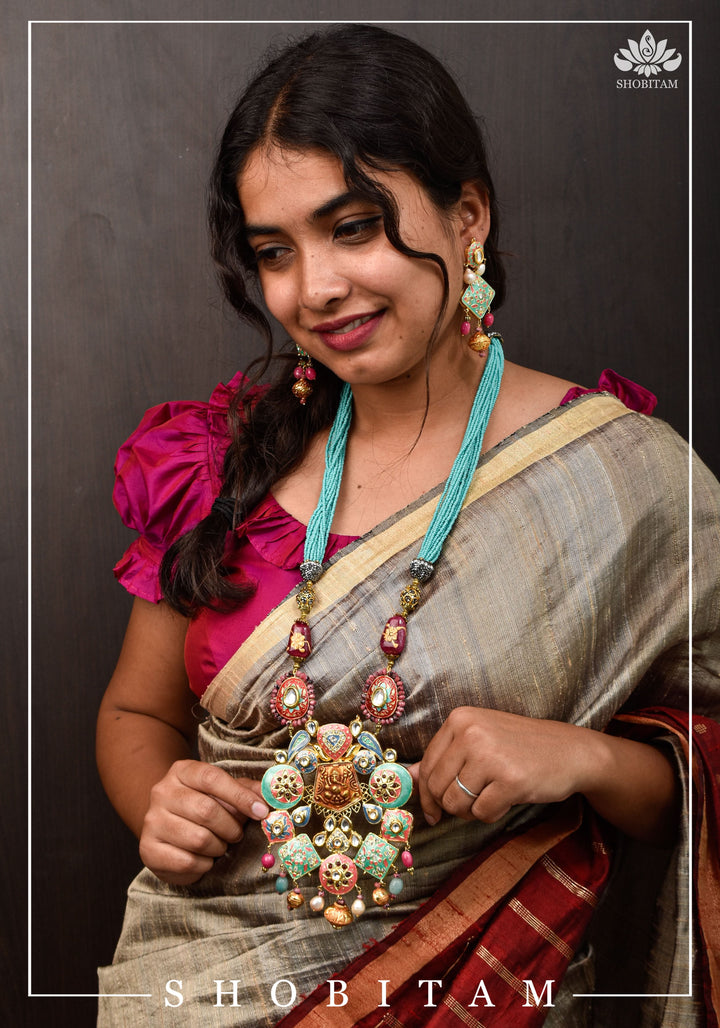 Teal and Pink Long Necklace Set with Brass Ganesha and enamel work | Shobitam Jewelry
