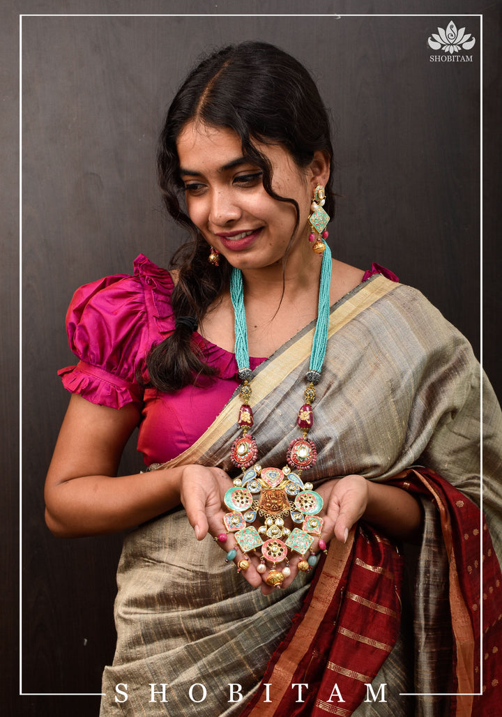 Teal and Pink Long Necklace Set with Brass Ganesha and enamel work | Shobitam Jewelry